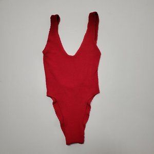 Vintage 90s Red Crepe Knit One Piece High Cut Scoop Neck and Back Women's Swim